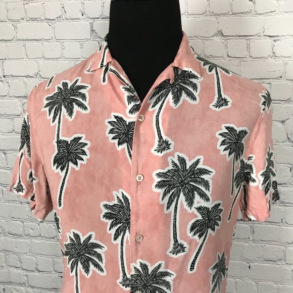 Zara Man Relaxed Fit Coral Black White Hawaiian Short-Sleeve Shirt - Picture 2 of 5